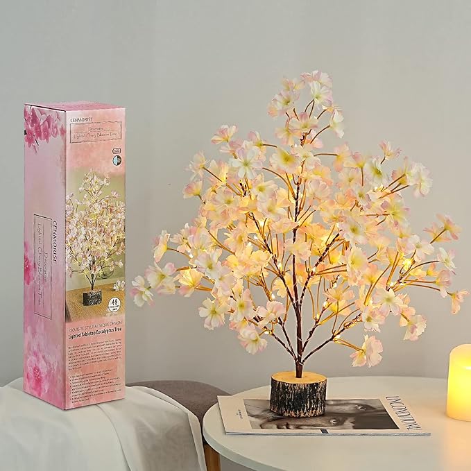 19Inch Cherry Blossom Tree Light, Lighted Artificial Tree with Pink Silk Flowers, 49 Fairy LEDs, Battery Operated Lamp with Timer for Summer Wedding Decorations