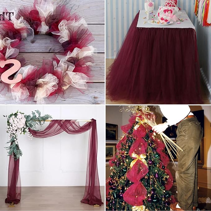 Burgundy Tulle Fabric Rolls 54 Inch by 10 Yards Fabric Tulle Bolt for Wedding Christmas Decorations Gift Wrapping DIY Tutu Baby Shower Table Skirt Birthday Party Craft Supplies