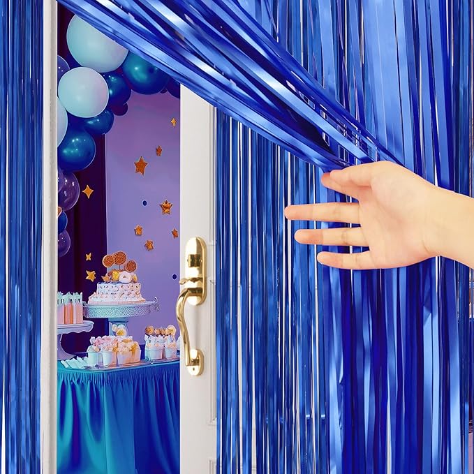 2 Pack Metallic Dark Blue Fringe Backdrop, 3.2x8.2ft Shining Foil Tinsel Curtains, Birthday Party Decorations Door Streamers for Halloween, Christmas, Wedding, Graduation, Holiday, Theme Events