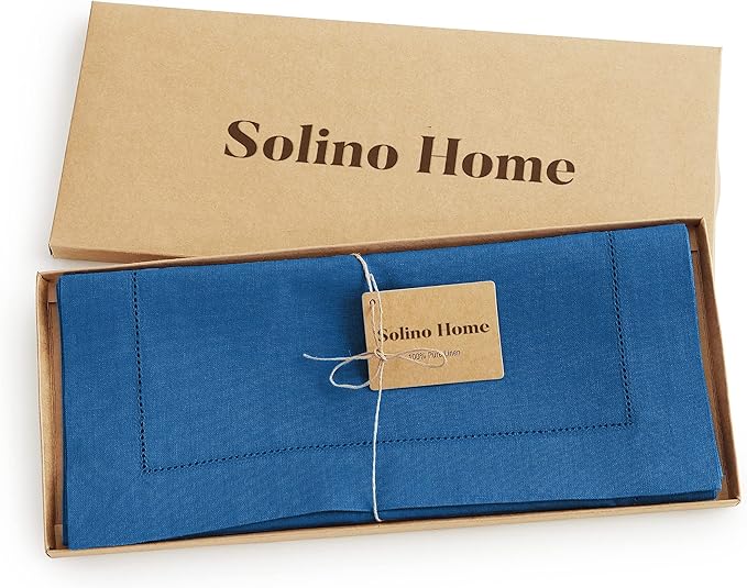 Solino Home Linen Indigo Blue Hemstitch Table Runner 60 Inches - 100% Pure Linen Small Table Runner 14 x 60 Inch Ideal for Dresser and Coffee Tables - Classic Hemstitch - Fall, Autumn, Halloween