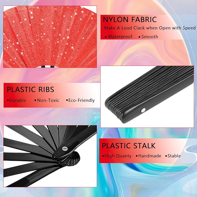 Glitter bling Large Folding Fan-Hand Fan Rave Clack Popping Fan for Line Dancing Clacking Fans for Boots On The Ground Dance, Party for EDM, Music Festival, Hot Flashes, Party, Decoration(3pcs red)