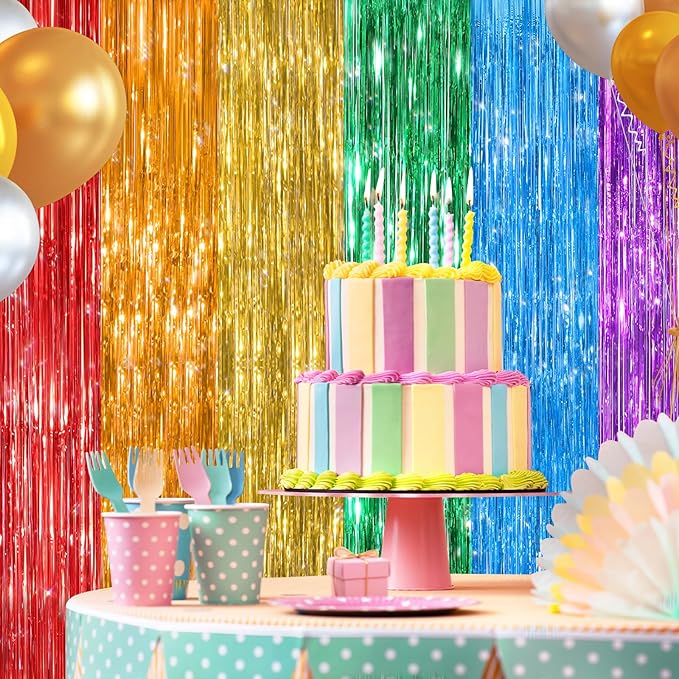 2 Pack Rainbow Metallic Tinsel Foil Fringe Curtains, Door Streamers Photo Booth Backdrop for Birthday Party, Tinsel Curtain Backdrop for Baby Shower Bachelorette Christmas Party Decorations