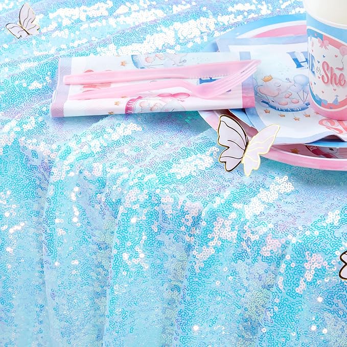 QueenDream Mermaid Blue Tablecloth 90x156 Inches Rectangle Tablecloths Sequin Iridescent Disco Party Decorations