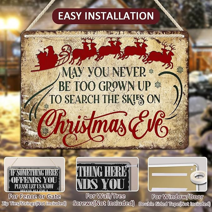 Christmas Sign Wall Art Vintage May You Never to Too Grown Up to Search The Skies Christmas Eve 12x16 Inch Rustic Metal Sign for Spacious Wall Decor and Holiday Display