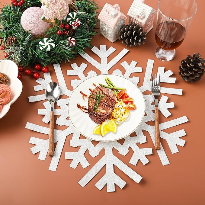 30Pcs Snowflake Paper Placemats Christmas Sliver Glitter Disposable Place Mats Winter Round Sparkle Decorative Table Chargers Xmas Snowflake Decoration for Holiday Festival Dining Tableware