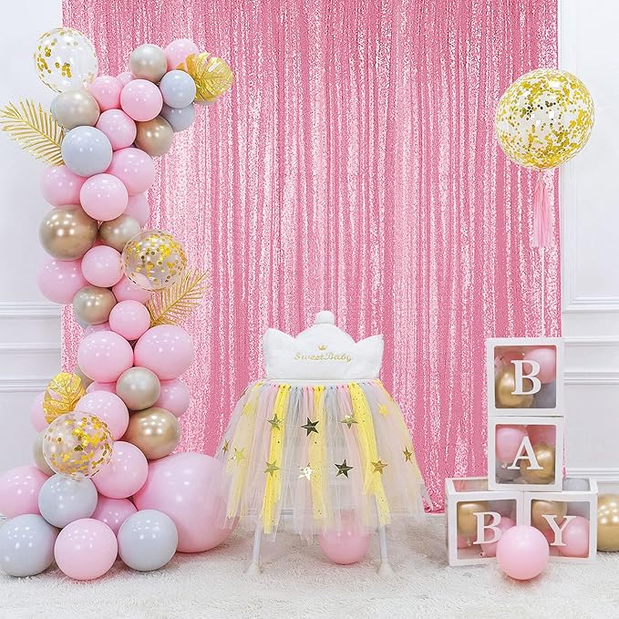Hahuho Pink Sequin Backdrop Curtain, 2PCS 2FTx8FT Glitter Backdrop Curtain for Parties, Christmas, Wedding, Banquet Decoration（2 Panels, 2FT x 8FT, Pink）