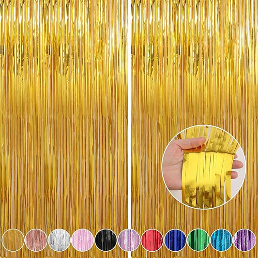 Crosize 2 Pack 3.3 x 9.9 ft Gold Foil Fringe Curtains Party Decorations, Gold Tinsel Curtain Backdrop for Parties, Door Streamers, Glitter Streamer Fringe Backdrop for Birthday Decoration