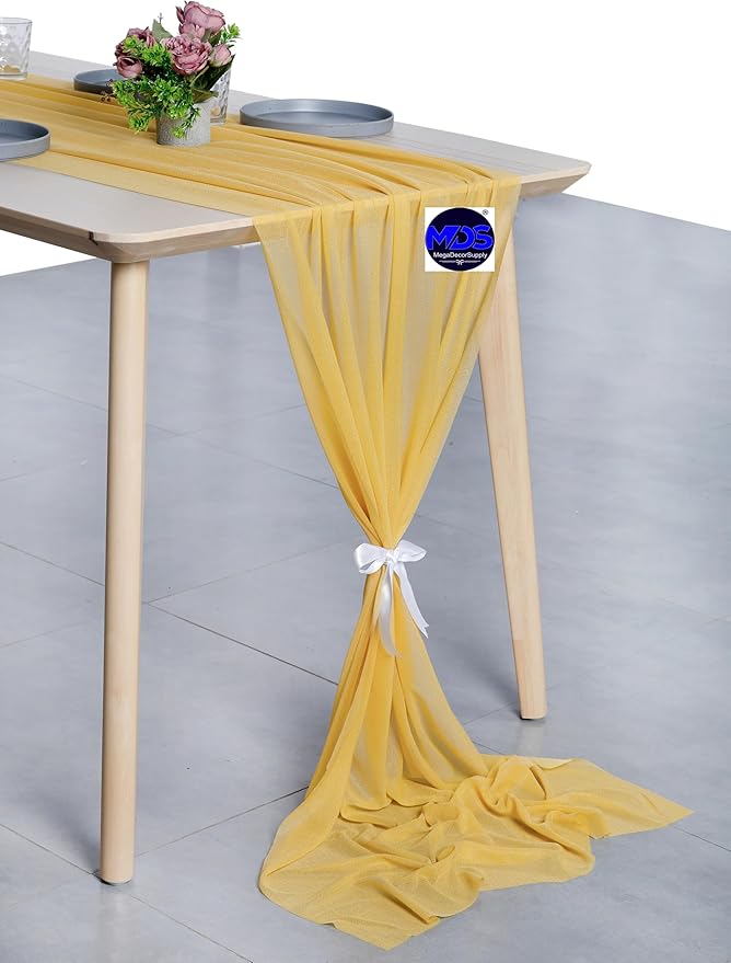 MDS 2 Pack 14ft Chiffon Table Runner 29 x 170 Inches Sheer Wedding Runner Romantic Rustic Table Runner for Wedding Decorations, Birthday Parties, Bridal Shower Party Arch Decor - Gold
