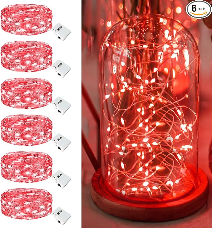 6 Pack Fairy Lights Battery Operated - 7ft 20 Led Twinkle Lights 3 Modes, Bulk Mini String Lights Waterproof for Mason Jars Vases DIY Party Wedding Decoration Christmas - Red