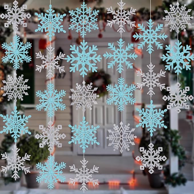 Winter Snowflake Cutouts - Glitter Paper Snowflake Decorations - 50Pcs Blue & Silver Double-Side Christmas Cutouts for Holiday Winter Wonderland Bulletin Board, Frozen Party Decor