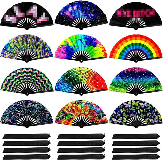 Qunclay 12 Pieces UV Glow Large Rave Folding Hand Fan Festival Fan for Men Women Chinese Japanese Clack Handheld Fan with Rainbow Butterfly for Drag Queen Dance Performance Music Party Gifts, 24 Inch