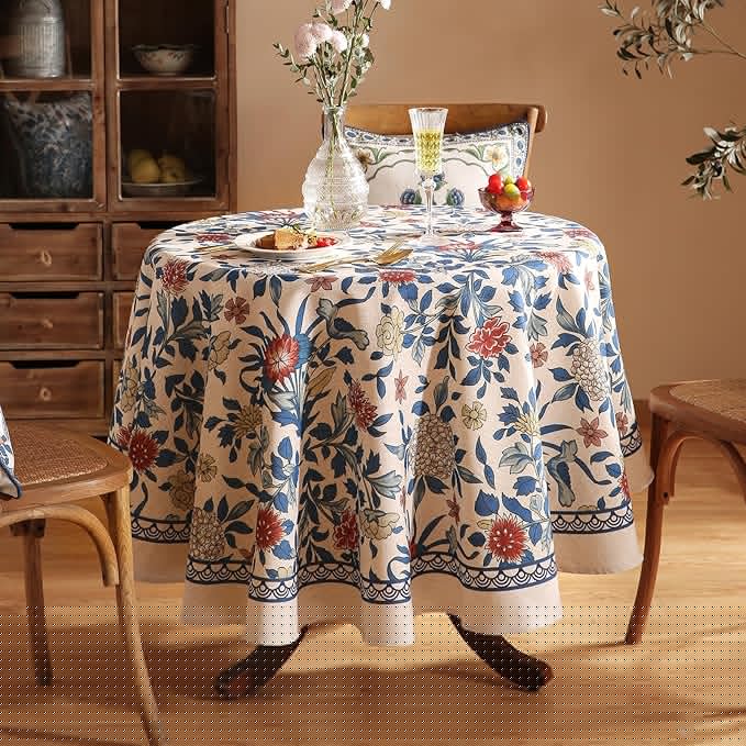 patdrea Designer Small Blue Tablecloth for Round Table,Vintage Linen Leaves and Floral Pattern Tablecloths,Farmhouse Decor Cover for Kitchen Dining Christmas,Thanksgiving,Diameter 55"-Ivar a