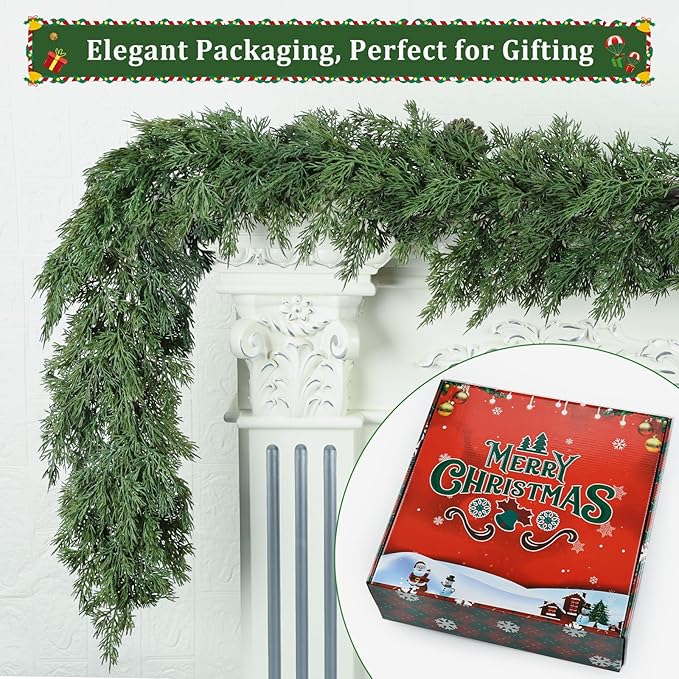 9ft Christmas Cedar Garland, Real Touch Pine Garland, Realistic Cypress Garlands Christmas Decorations for Mantel, Table, Stairs, Porch - Indoor Outdoor Xmas Holiday Decor