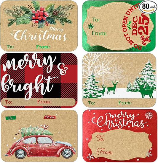 80-Count Foil Kraft Christmas Tags Sticker，8 Jumbo Designs - Xmas to from Christmas Stickers Name Tags Write On Labels - Holiday Present Labels