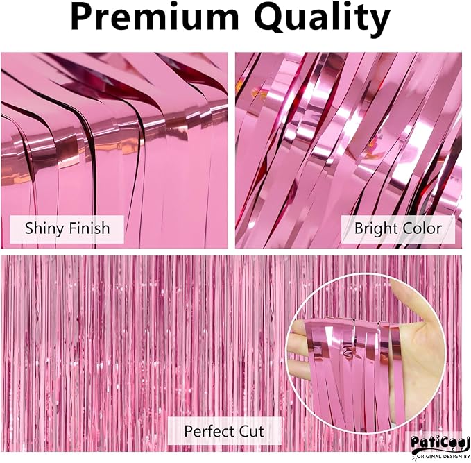 Pink Streamers - Thicken 4 Pack 3.2 x 8.2 FT - Pink Tinsel Foil Fringe Curtains, Photo Booth Props Backdrops for Birthday, Bachelorette, Graduation, Baby Shower Party Decorations