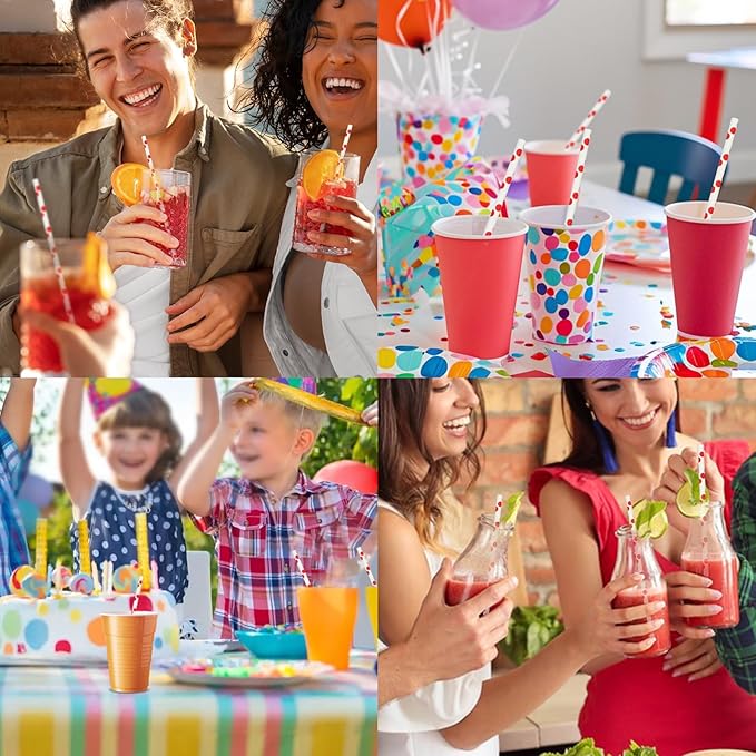 7.75'' x 0.24'' Red Polka Dots Disposable Paper Straws for Drinking, Compostable, 100 Counts - for Cocktail, Soda, Juice, Milk, Water