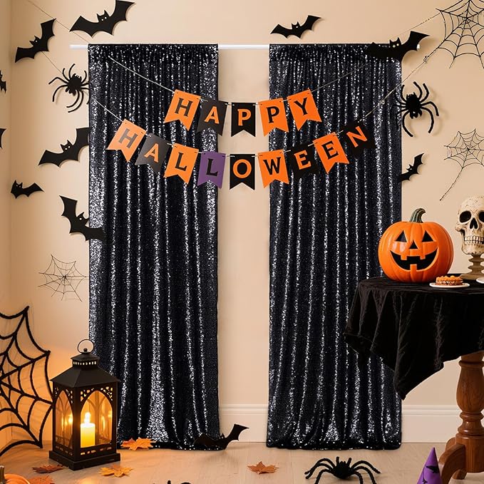 Poise3EHome 2Pcs 3Ft x 8Ft Black Sequin Backdrop Curtain, Glitter Photography Background, Sequence Xmas Thanksgiving Backdrop for Wedding Party Holiday Festival Decor