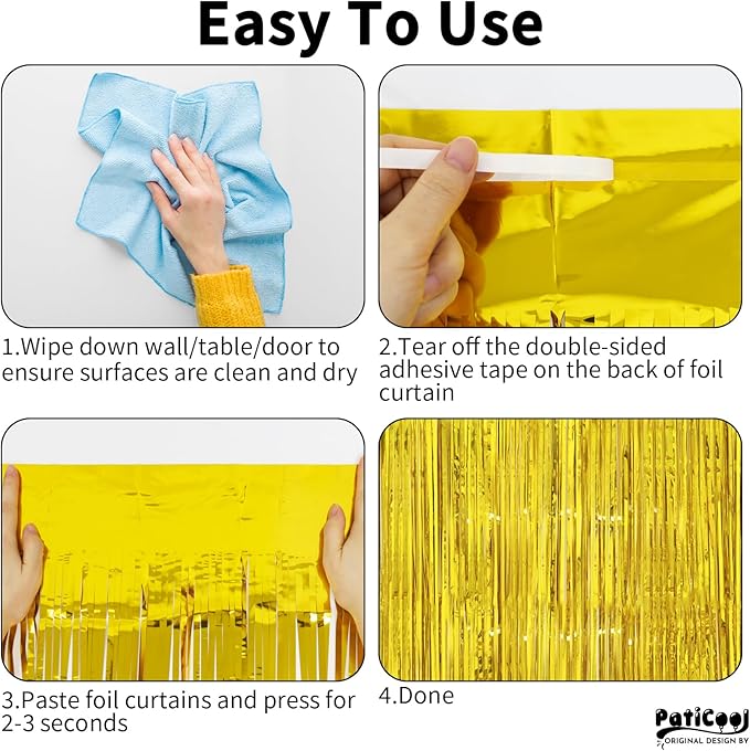 Christmas Decorations Gold Streamers Thicken 4 Pack 3.2 x 8.2 FT - Golden Tinsel Foil Fringe Backdrop Curtains Party Backdrop for Birthday, Prom, Hollywood, Anniversary Party Decorations