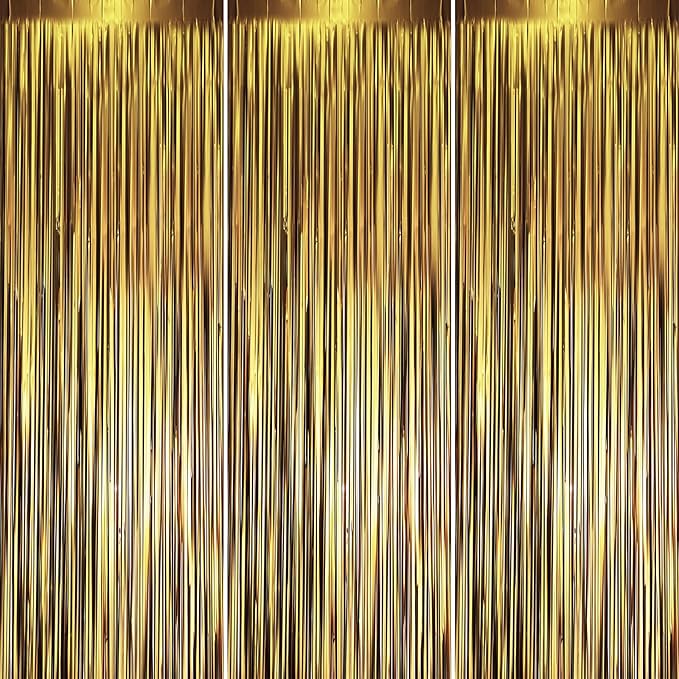 3 Pack 3.3 x 8.2 ft Matte Gold Foil Fringe Backdrop Curtains, Tinsel Streamers Party Decorations, Fringe Backdrop, Door Shimmer for Graduation, New Years Eve, Birthday Party