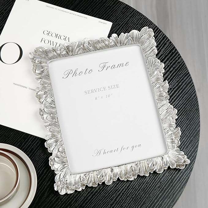 Cuspin 8x10 Picture Frame Silver, Vintage Silver Palm Leaves Textured Hand-Crafted Resin with Glass Front, Elegant Retro Design Photo Frame for Wall and Tabletop Display Home Decor