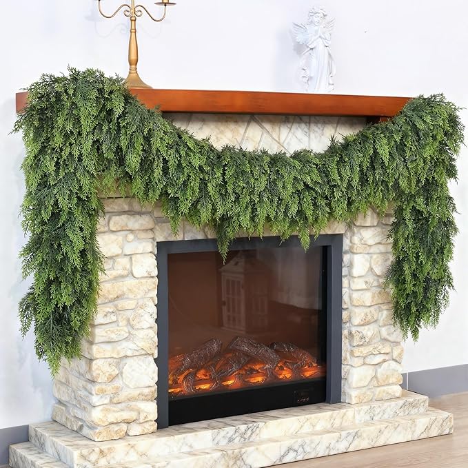 Christmas Cedar Garland - 16ft Artificial Cedar Garland Faux Lush Green Fake Pine Needles for Fireplace,Table,Window,Stairs,Mante,Holiday Indoor Outdoor Xmas Decor(1PCS)
