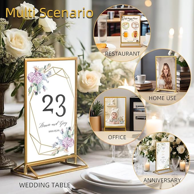 6 Pack Acrylic Sign Holder 4x6 Inches, Double-sided Picture Frames for Wedding Table Numbers Holders, Clear Menu Stand Table Top Display Sign Stand Flyer Holder Vertical Paper Holder,Gold Frames