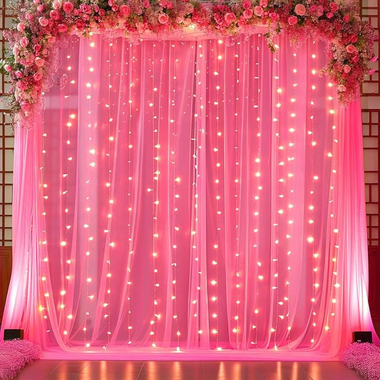 10ft x 10ft Hot Pink Tulle Photo Backdrop Curtain with Lights String for Parties Wedding Sheer Fuchsia Curtain Backdrop for Birthday Party Bridal Shower Photo Booth Photography Background Decorations