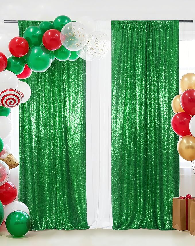 Eternal Beauty 2 PCS Sequin Backdrop Curtain, Sequin Wedding Backdrop for Christmas Party, Birthday (Green 2FTx8FT)