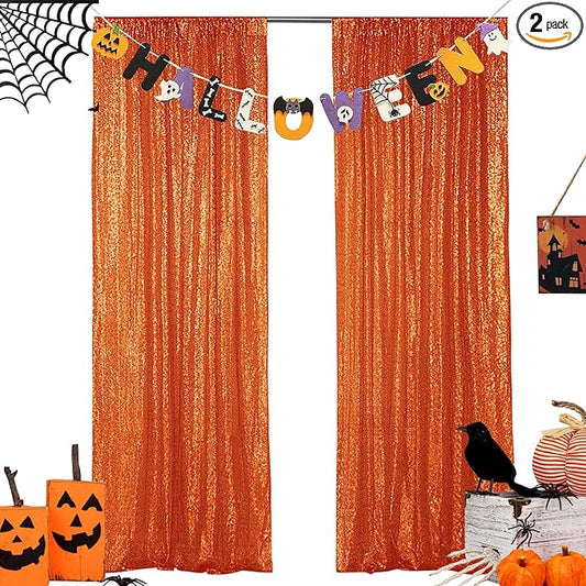 Hahuho Orange Sequin Backdrop Curtain, 2PCS 2FTx8FT Glitter Backdrop Curtain for Parties, Christmas, Wedding, Party Decoration（2 Panels, 2FT x 8FT, Orange