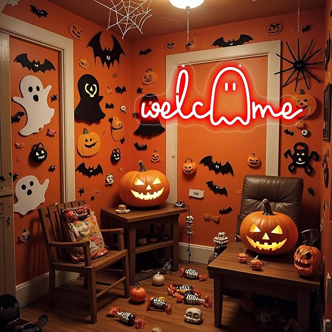 Halloween Welcome Ghouls Neon Sign, Spooky Ghost LED Halloween Decor, Haunted House Entryway Light, Available Gothic Haunted Mansion Light for Bedroom Bar Cave Room Decor Party Home-Red