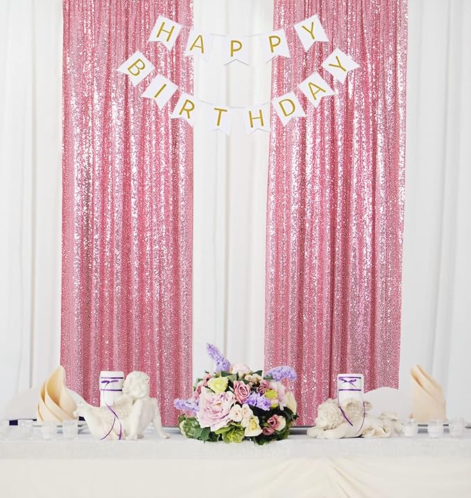 ShinyBeauty Rose Pink Backdrop 2FTx8FT Sequin Backdrops 8 Panels Photo Backgrounds Shimmer Background Sparkly Curtains 16Ftx8FT for Birthday Wedding Party Decor