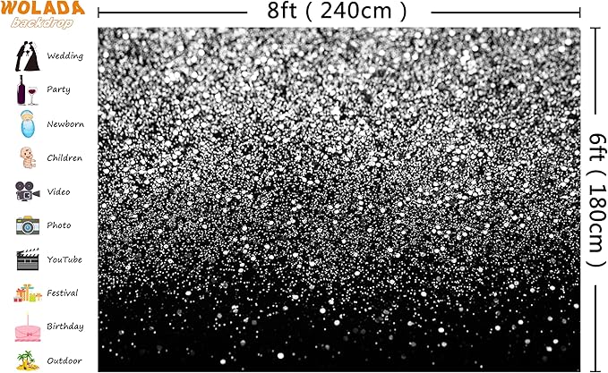 WOLADA Black and Silver Backdrop Silver Glitter Backdrop for Photography Wedding Birthday Baby Shower Party Photo Studio 8x6FT FW18