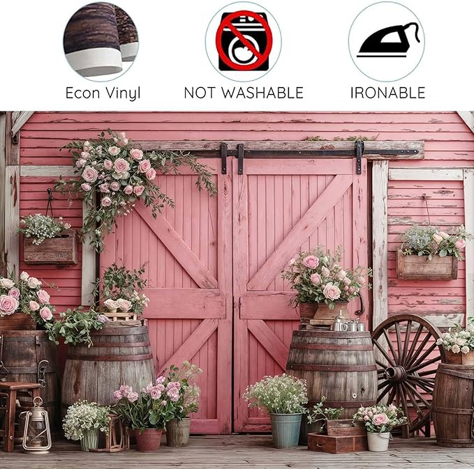 5x3ft Country Wedding Pink Photography Backdrop Rustic Wooden Barn Door Photography Backdrop Farmhouse Flower Western Girl Birthday Baby Shower Wedding Bridal Party Banner Photo Booth Props Background