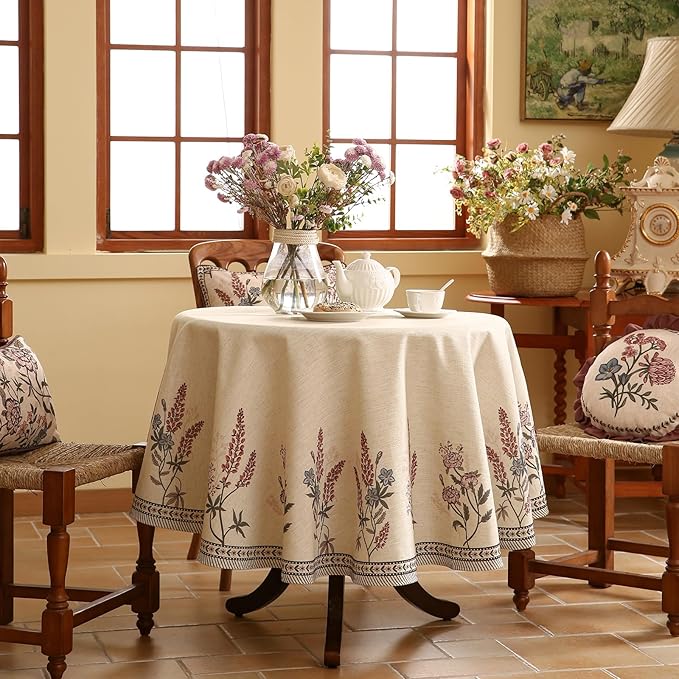 ISAENNE French Tablecloth for Round Tables,Linen Table Cloth with Colorful Flowers Pattern,Heavy Durable Table Cover for Dining Thanksgiving Kitchen Decor Party Christmas,Diameter 55"