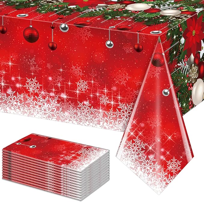 12Pieces Merry Christmas Tablecloth Plastic Christmas Tree Ball Table Cover Rectangle Winter Snowflake Tablecloth for Merry Christmas Holiday New Year Eve Party Decorations Supplies,54x108inch