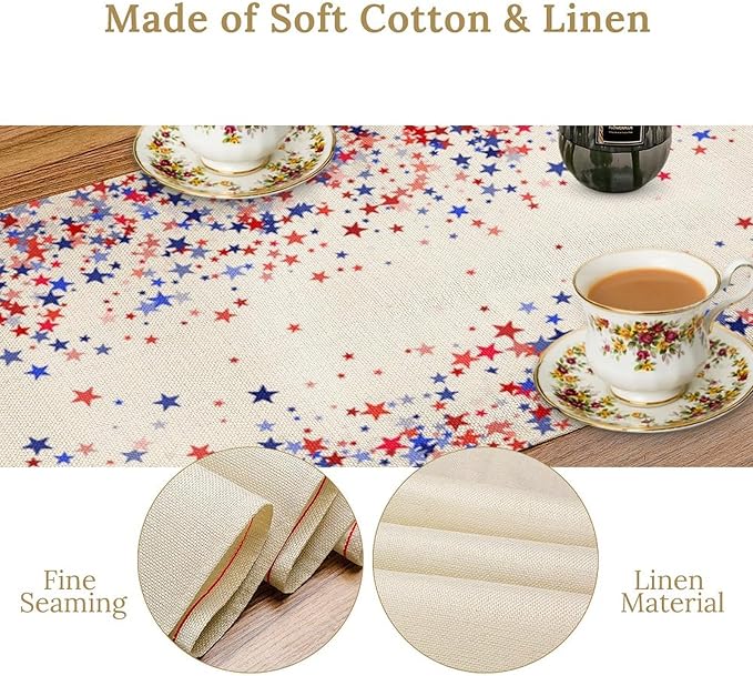 Independence Day Table Runner, 4th of July Red Blue Stars American President Day Holiday Confetti Print Table Cover for Kitchen Dining Table Indoor Outdoor Party, 13x60inch