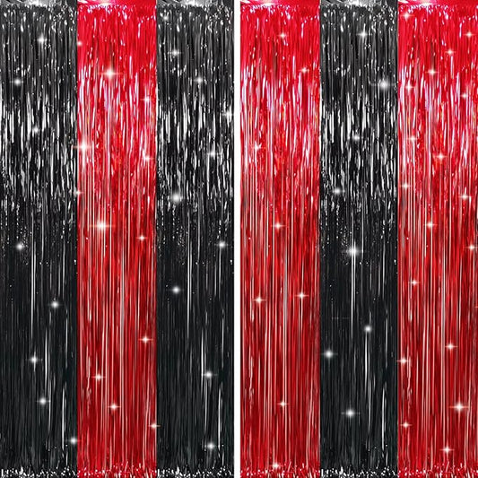 GOER 6.4 ft x 8.2 ft Metallic Tinsel Foil Fringe Curtains,Pack of 2 Party Streamer Backdrop for Birthday,Graduation Decorations and New Year Eve (Black&Red)