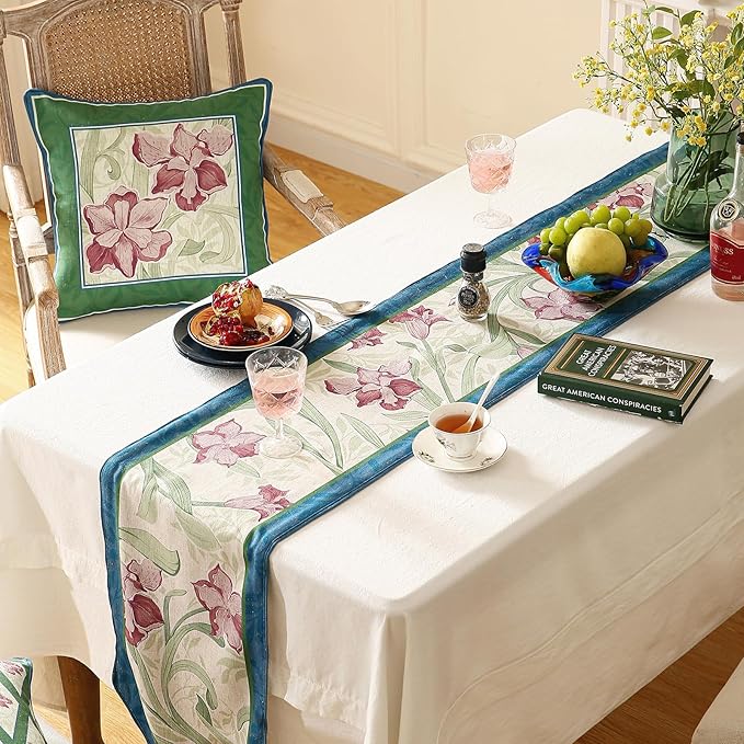 patdrea Designer Elegant Bright Linen Extra Long Table Runner 118 Inch Long, Mauve Iris Floral Pattern Table Mat, Decoration for Kitchen Dining Coffee Table Cabinet Banquet Christmas ,12"*118"