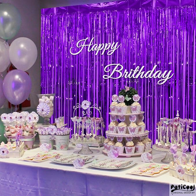 Halloween Decorations Purple Streamers - Thicken 4 Pack 3.2 x 8.2 FT - Purple Tinsel Foil Fringe Curtains, Photo Booth Props Backdrops for Birthday, Halloween, Graduation Party Decorations