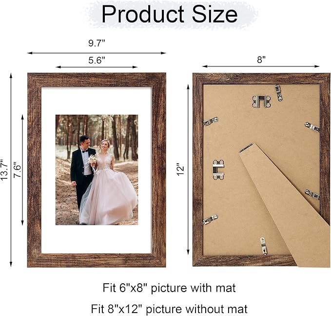 8x12 Picture Frame Set of 4 with High Definition Real Glass, Display 6x8 Pictures with Mat or 8 x 12 Without Mat, Rustic Wood Photo Frames for Tabletop and Wall Mounting