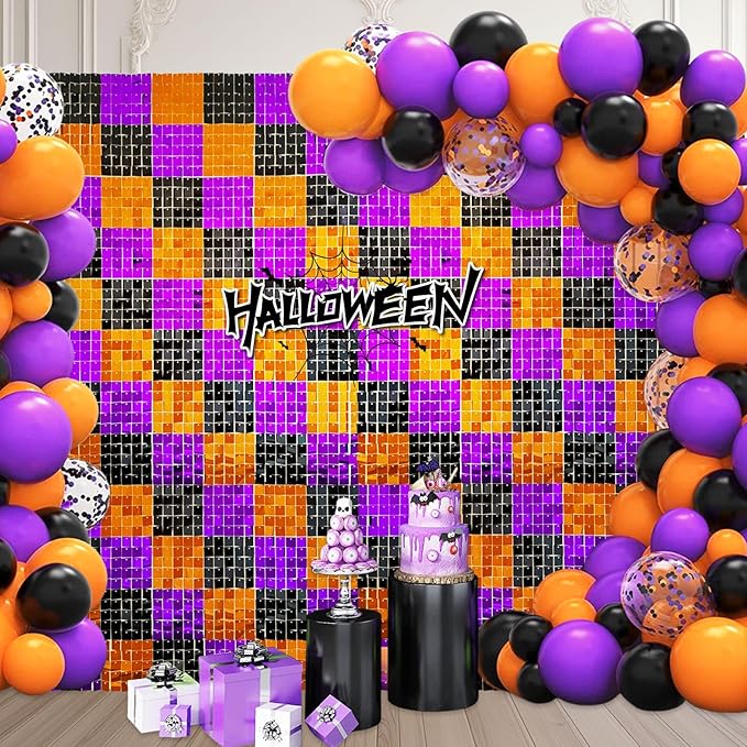 24PCS Black Orange Purple Shimmer Wall Backdrop, Halloween Square Sequin Photo Backdrops Panel, Glitter Wall Background for Birthdays, Weddings, Halloween Party Decor (4FTx6FT)