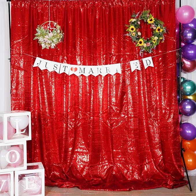 Poise3EHome 8Ft x 10Ft Red Sequin Backdrop, Glitter Thick Satin Sequin Background Drapes, Sparkly Photography Curtain, Sequence Backdrop for Wedding Party Holiday Festival Decor