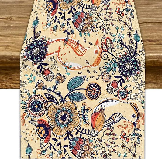 Vintage Paisley Table Runner, Boho Beige Paisley Flower Leaves Print Table Runner for Home Party Patio Indoor Outdoor, 13x120inch