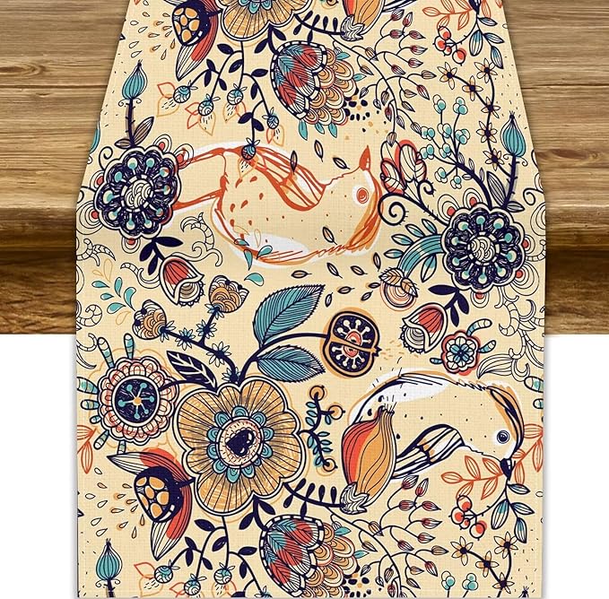 Vintage Paisley Table Runner, Boho Beige Paisley Flower Leaves Print Table Runner for Home Party Patio Indoor Outdoor, 13x108inch