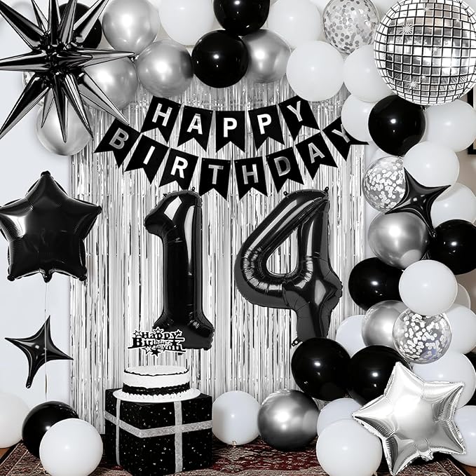 14th Birthday Decorations for Boys Girls, Black Silver Happy Birthday Party Decorations， 14 Year Old Party Supplies with Number 14 Balloons, Banner, Fringe Curtains Kit