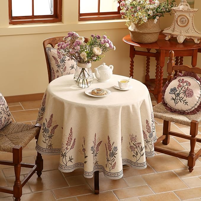 ISAENNE French Tablecloth for Round Tables,Linen Table Cloth with Colorful Flowers Pattern,Heavy Durable Table Cover for Dining Thanksgiving Kitchen Decor Party Christmas,Diameter 55"