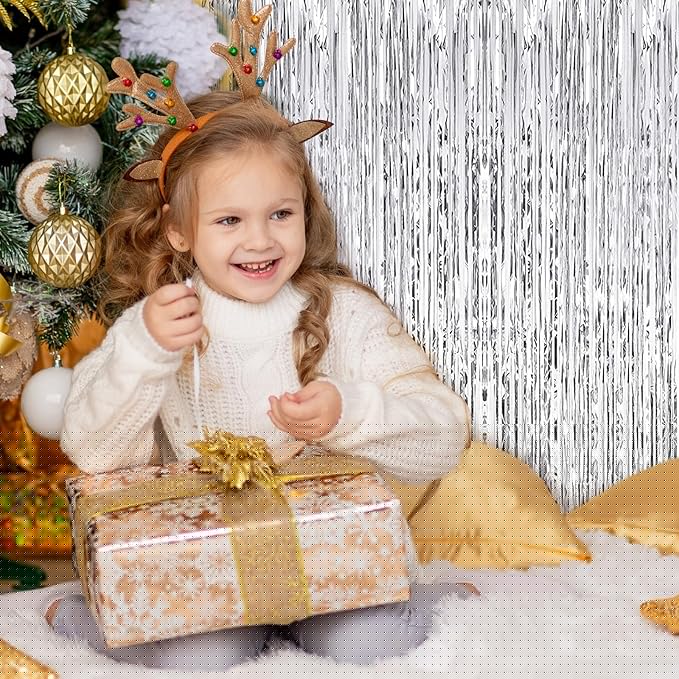 5 Pack Silver Foil Curtain Backdrop 3.2ft x 9.8ft Metallic Tinsel Foil Fringe Curtains Streamer Photo Booth Backdrop for Birthday Party Engagement Bachelorette Party Decorations (Silver)