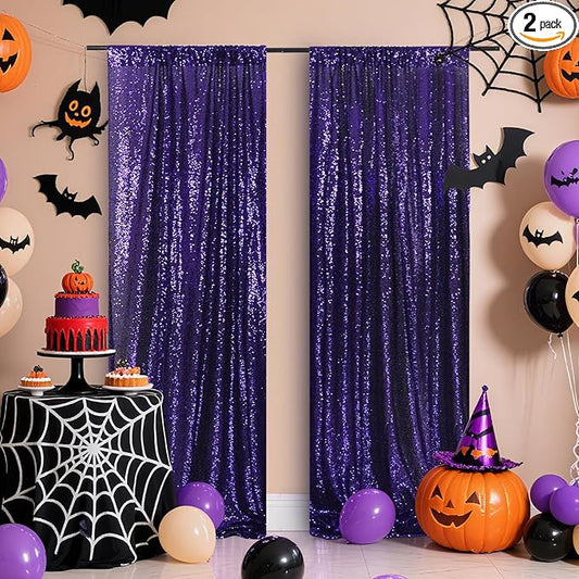 Poise3EHome 2Pcs 3Ft x 8Ft Purple Sequin Backdrop Curtain, Glitter Photography Background, Sequence Xmas Thanksgiving Backdrop for Wedding Party Holiday Festival Decor