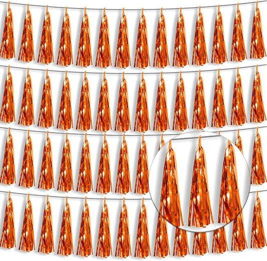 4P Metallic Fringe Tassel Banner Garland Foil Tinsel Streamer Wall Hanging Curtain Backdrop Banner for Parade Floats, Halloween Decorations, Christmas Day, Fall, Thanksgiving Party Decoration(Orange)
