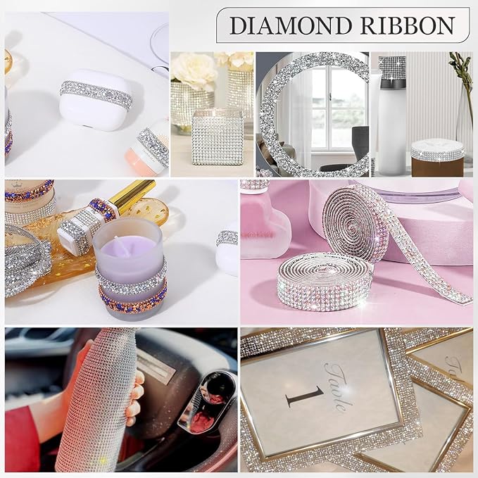 Rhinestone Ribbon 3 Yards Self Adhesive Rhinestone Strips Diamond Ribbon Sticker Crystal Roll Glitter Bling Rhinestones Tape for Crafting DIY Art Decoration (Silver AB,0.4 Inch)